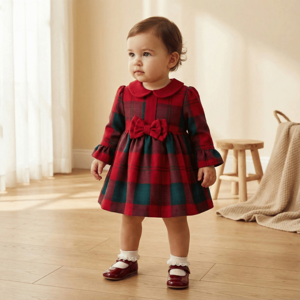 Kız Bebek Kırmızı Ekose Fiyonklu Uzun Kollu Elbise.jpg