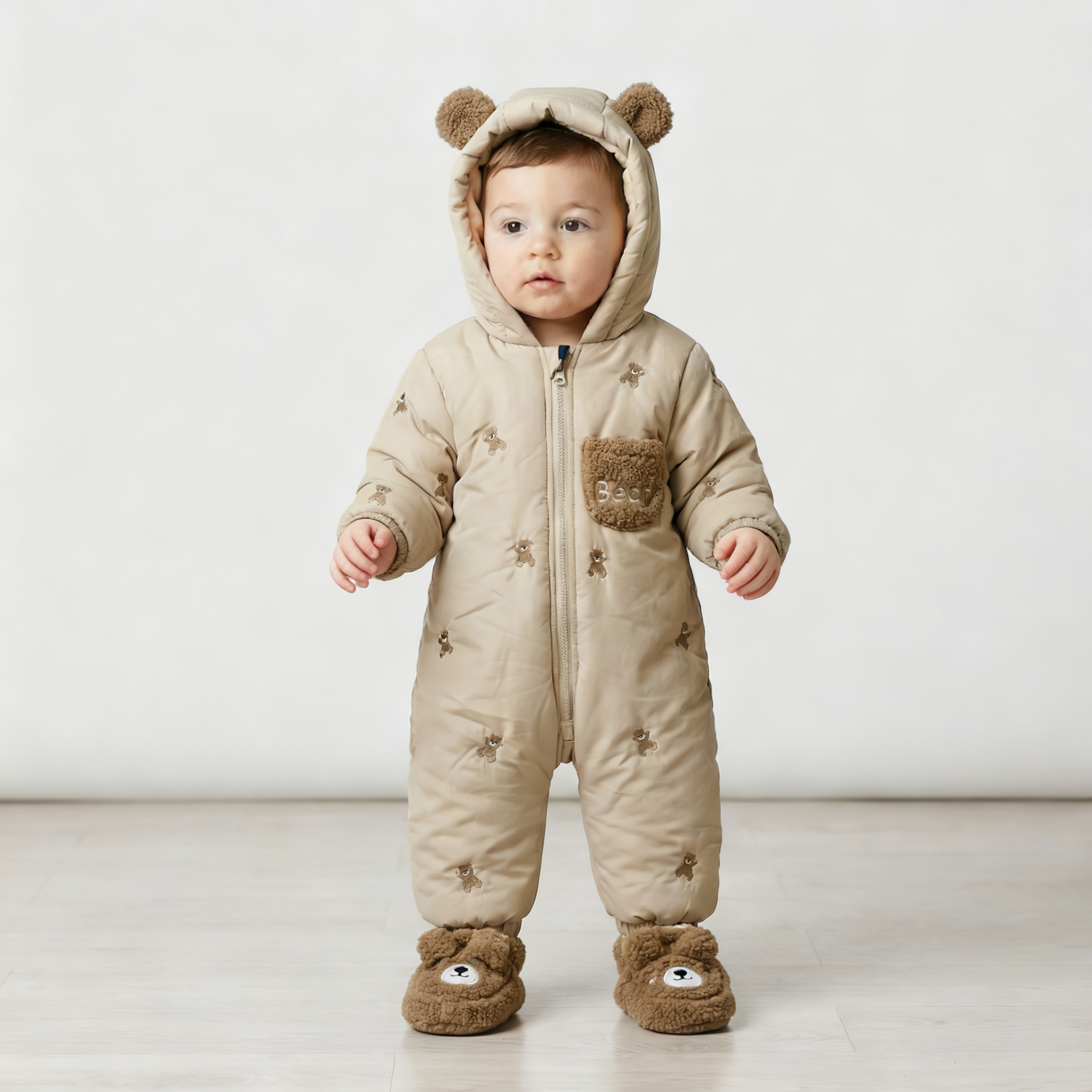 Kendinden Eldivenli Ayıcık Detaylı Kapüşonlu  Bebek Astronot