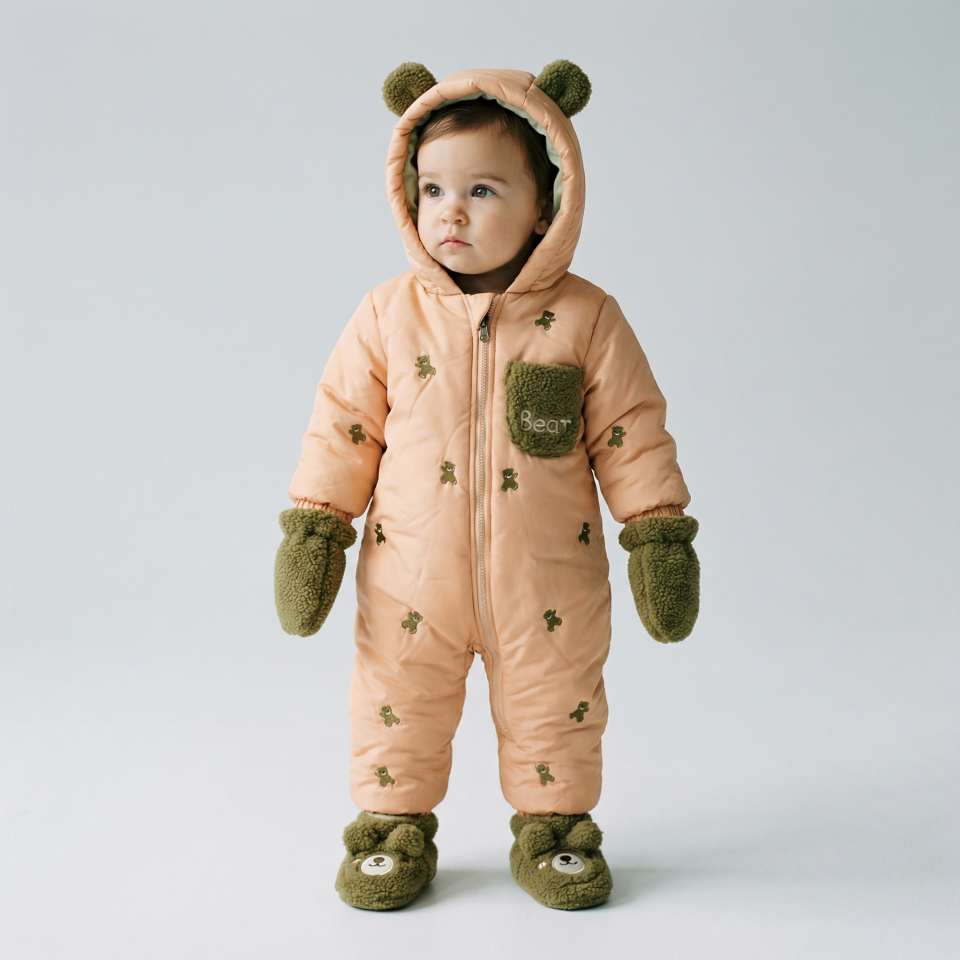 Kendinden Eldivenli Ayıcık Detaylı Kapüşonlu  Bebek Astronot Pudra - 9 Ay