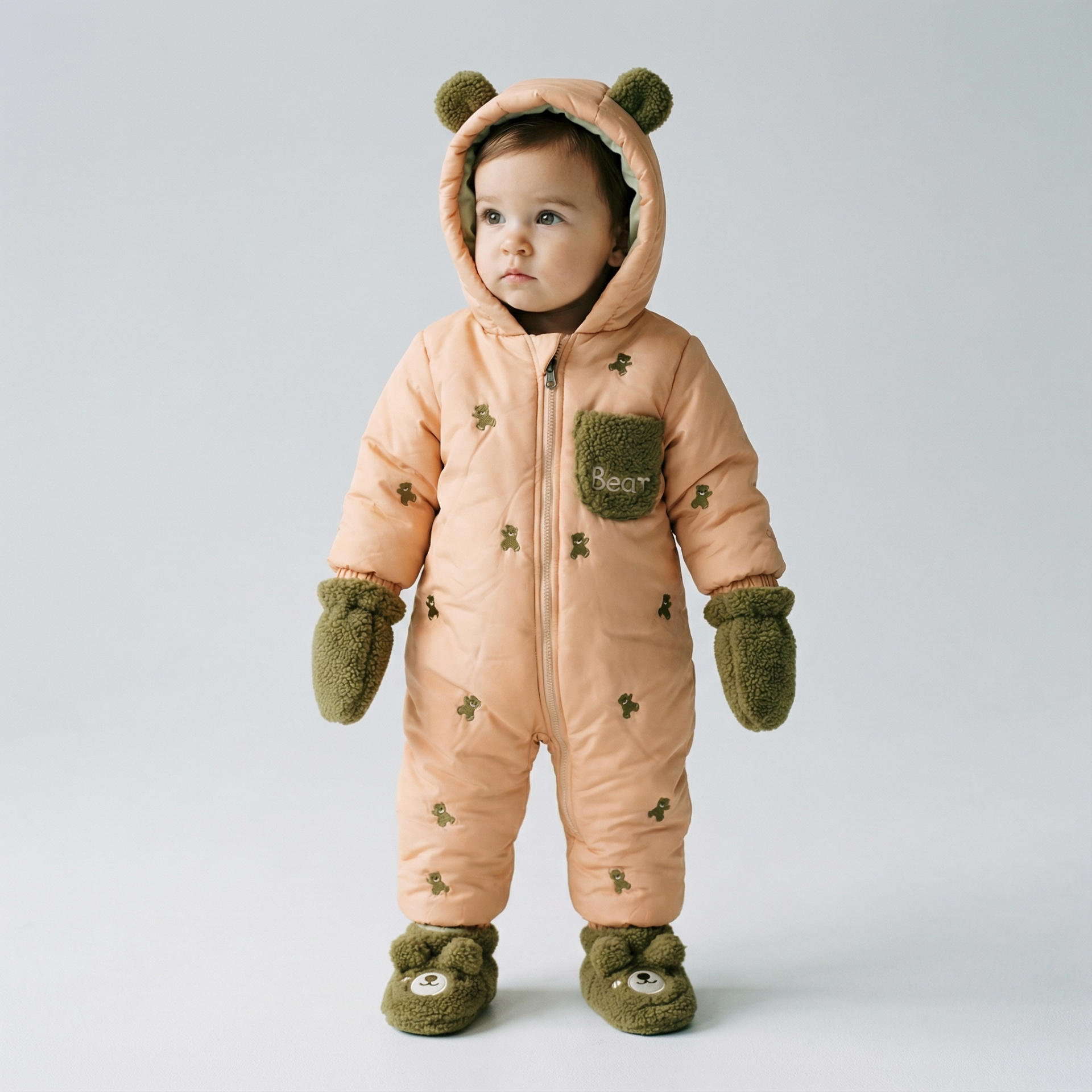 Kendinden Eldivenli Ayıcık Detaylı Kapüşonlu  Bebek Astronot Pudra - 12 Ay