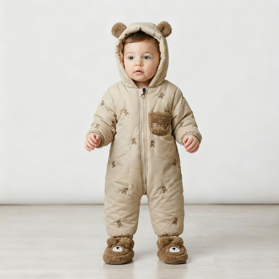 Kendinden Eldivenli Ayıcık Detaylı Kapüşonlu  Bebek Astronot Bej - 24 Ay