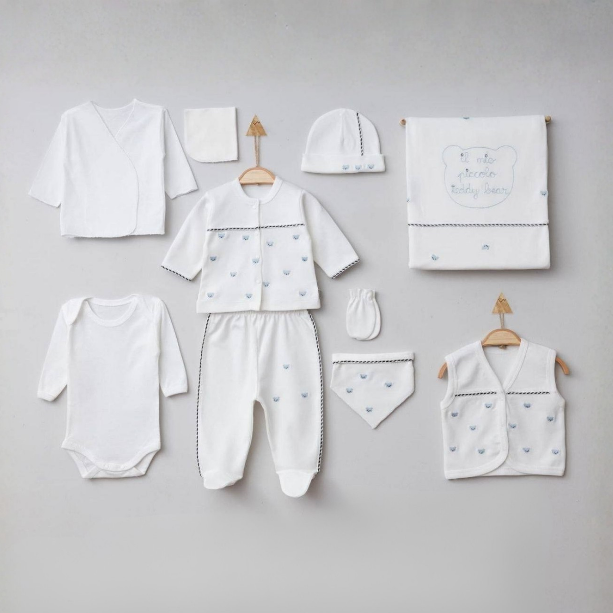 ayıcık desenli %100 pamuk 10’lu yenidoğan hastane çıkışı seti