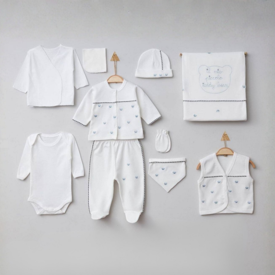 ayıcık desenli %100 pamuk 10’lu yenidoğan hastane çıkışı seti