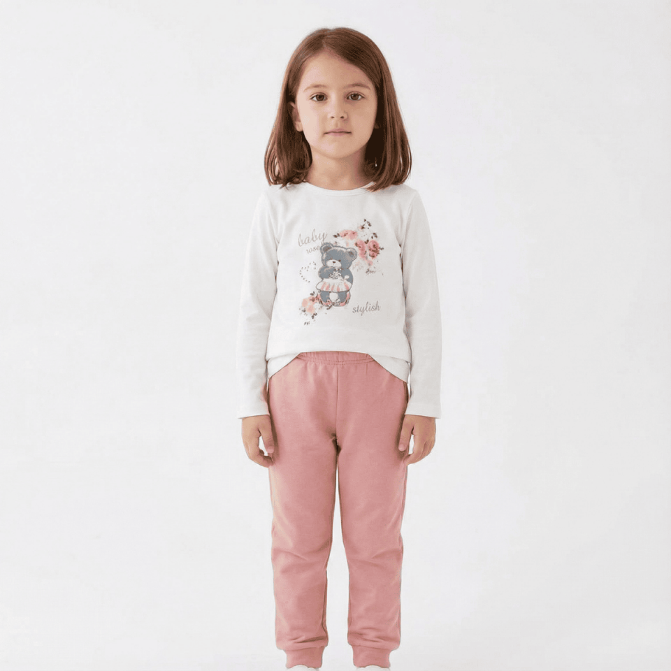 Ayıcık Baskılı Kız Bebek 3’lü Kapüşonlu Eşofman Takımı