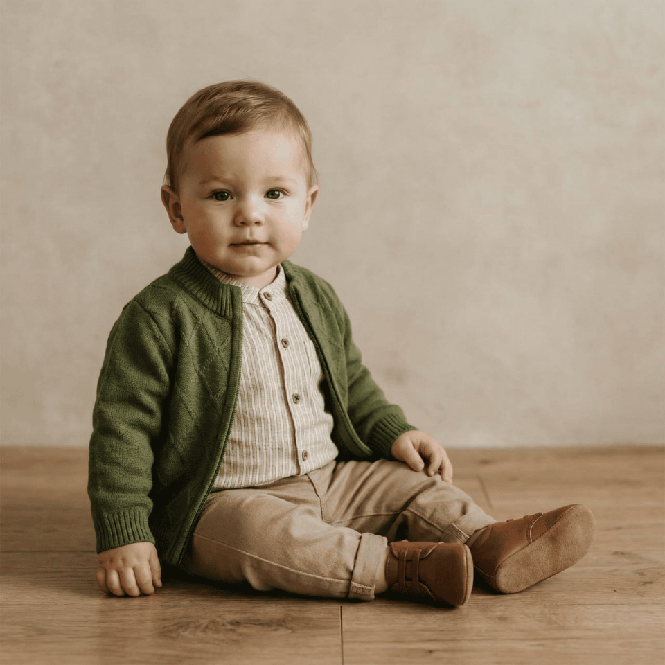 erkek bebek yeşil triko hırka takım