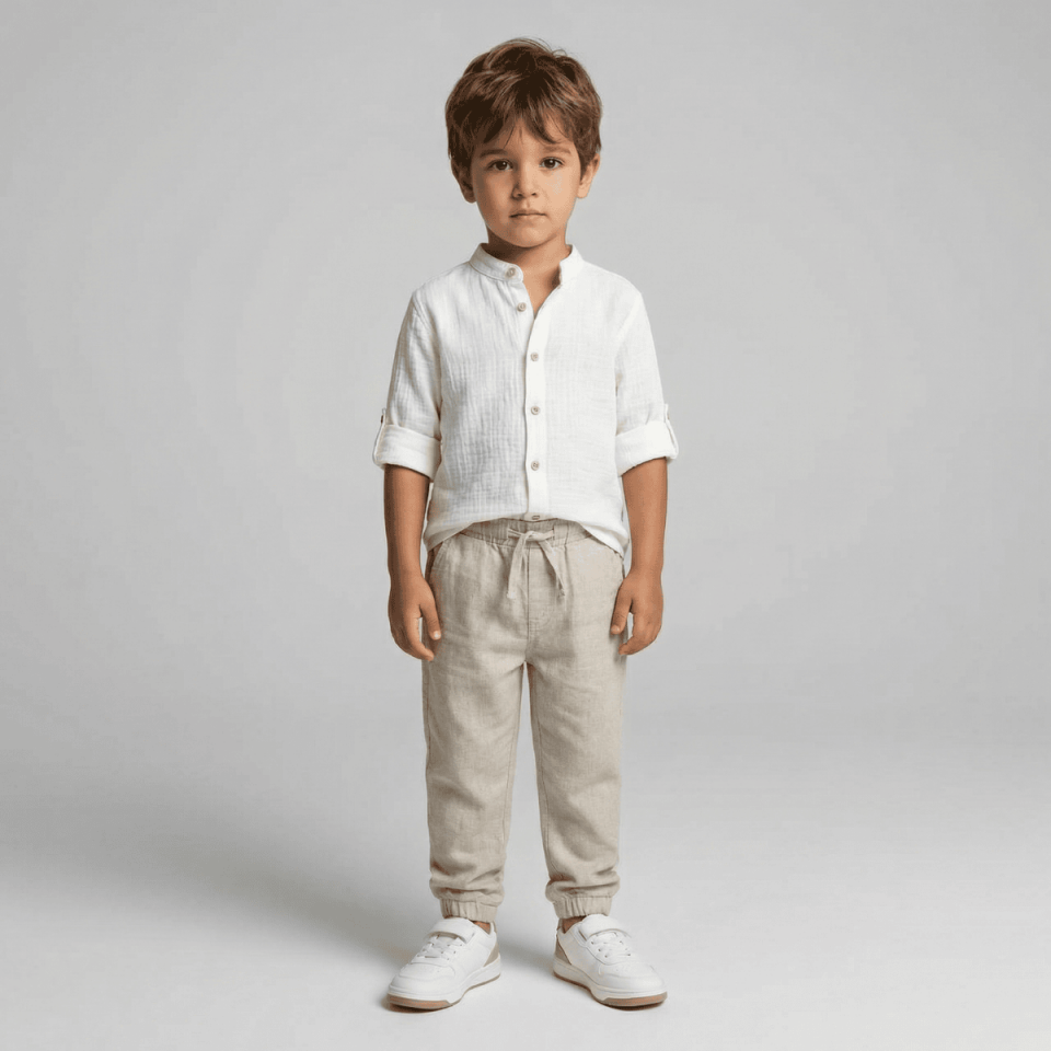 krem erkek çocuk keten 3lü takım gömlek pantolon yelek