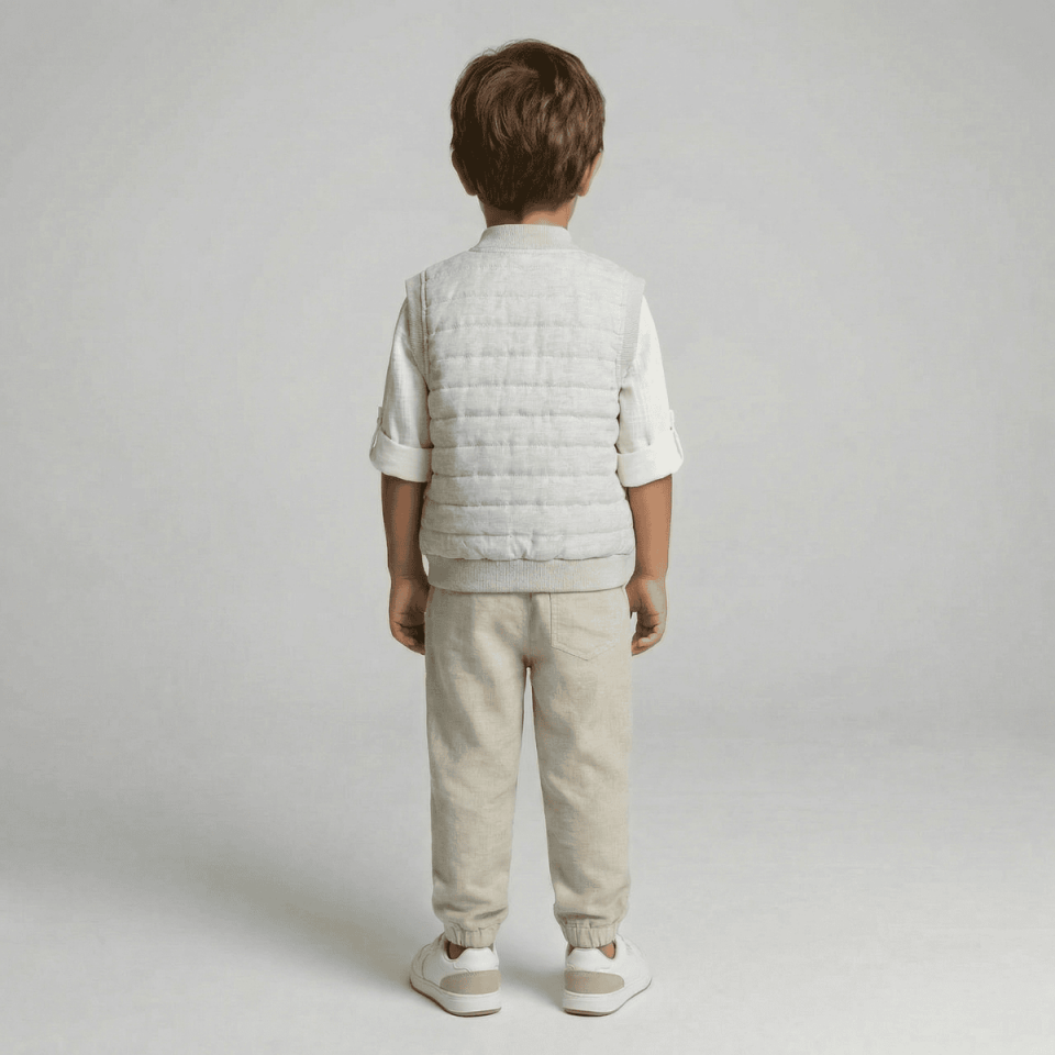 krem erkek çocuk keten 3lü takım gömlek pantolon yelek