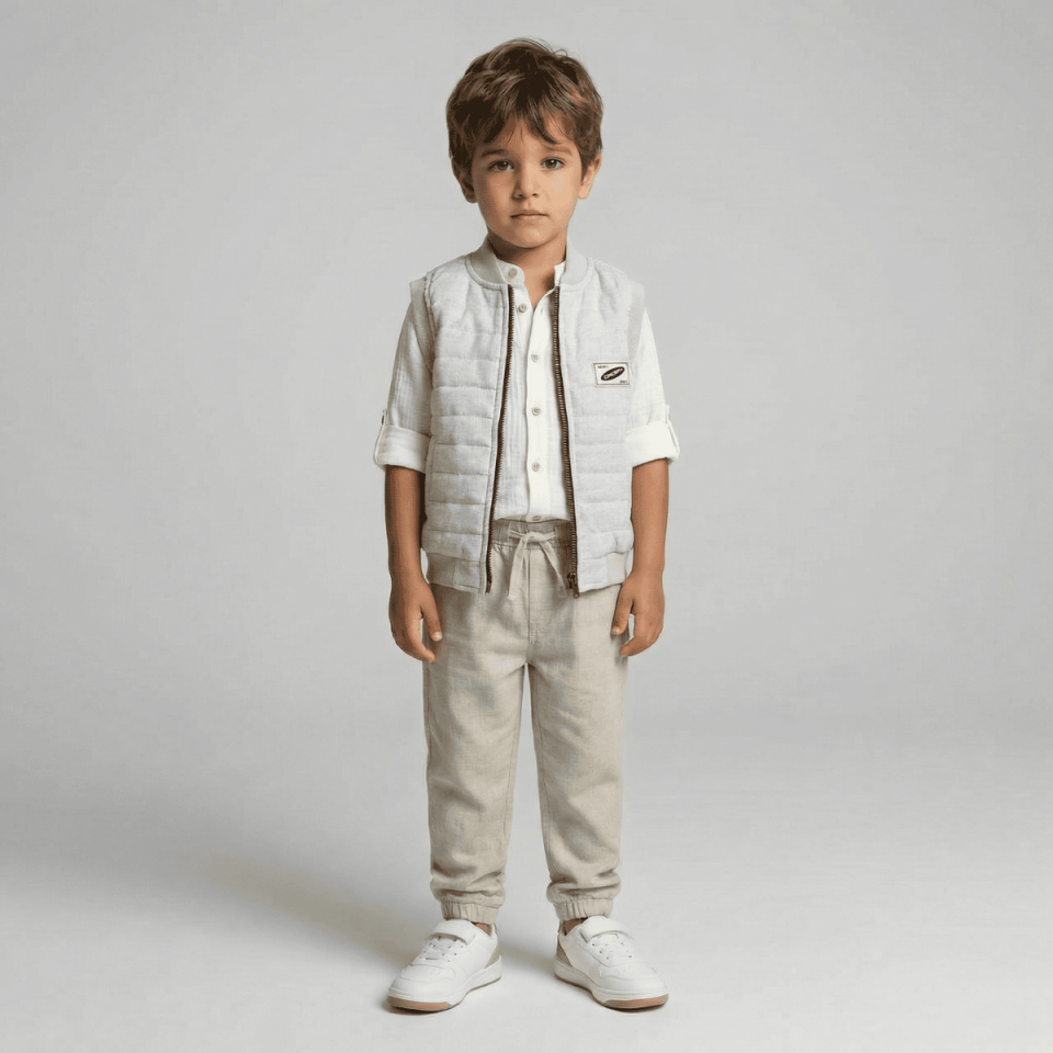 krem erkek çocuk keten 3lü takım gömlek pantolon yelek