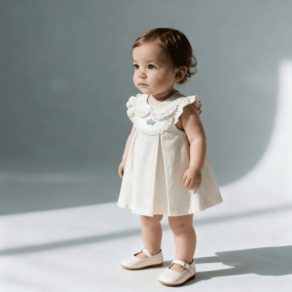 Krem dantel yakalı pamuklu kız bebek elbise