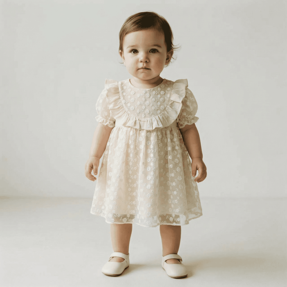 krem dantel detaylı kız bebek özel gün elbisesi