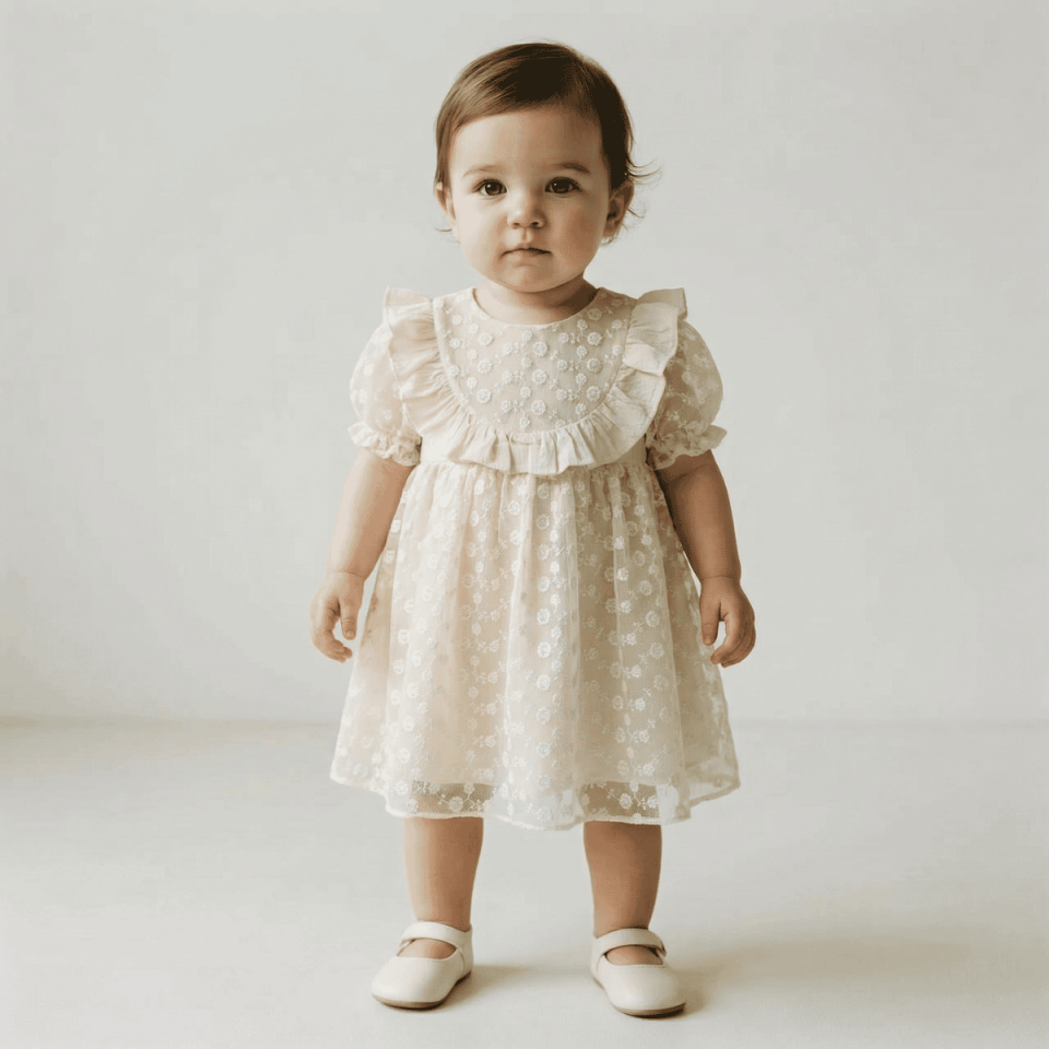 krem dantel detaylı kız bebek özel gün elbisesi