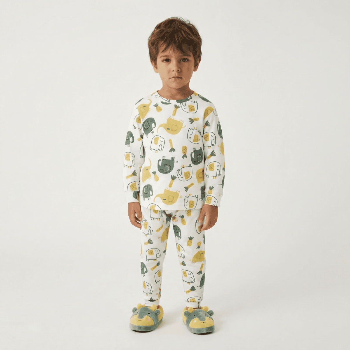 fil desenli pamuklu erkek çocuk uzun kollu pijama takımı