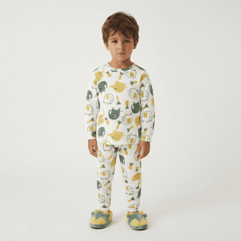 fil desenli pamuklu erkek çocuk uzun kollu pijama takımı