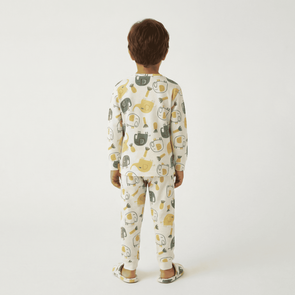 fil desenli pamuklu erkek çocuk uzun kollu pijama takımı