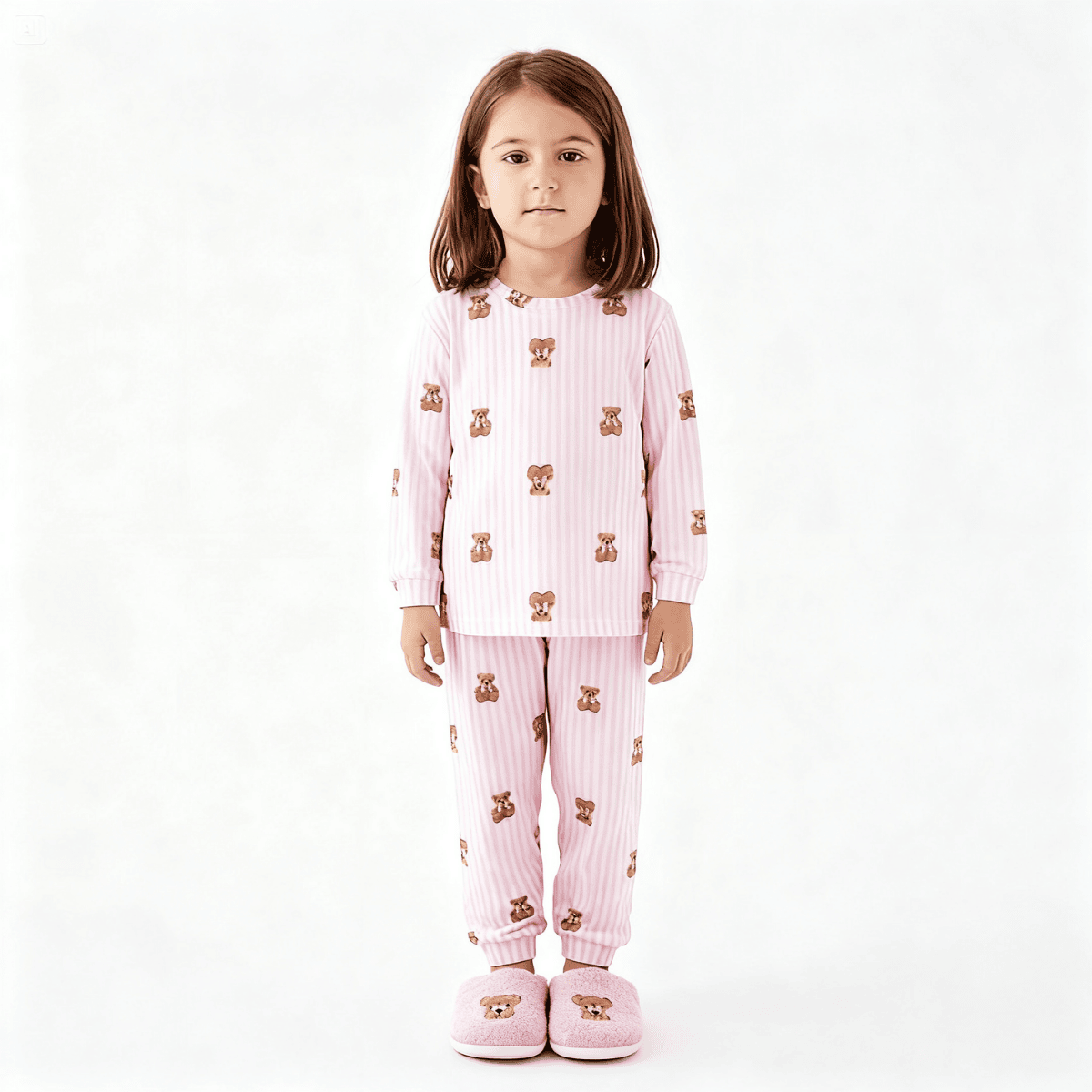 ayıcıklı pembe çizgili kız çocuk pamuklu pijama takımı