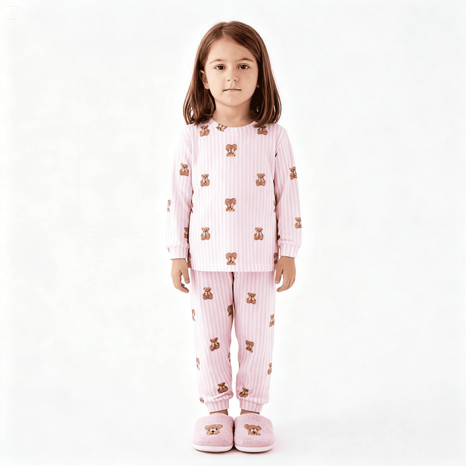 ayıcıklı pembe çizgili kız çocuk pamuklu pijama takımı