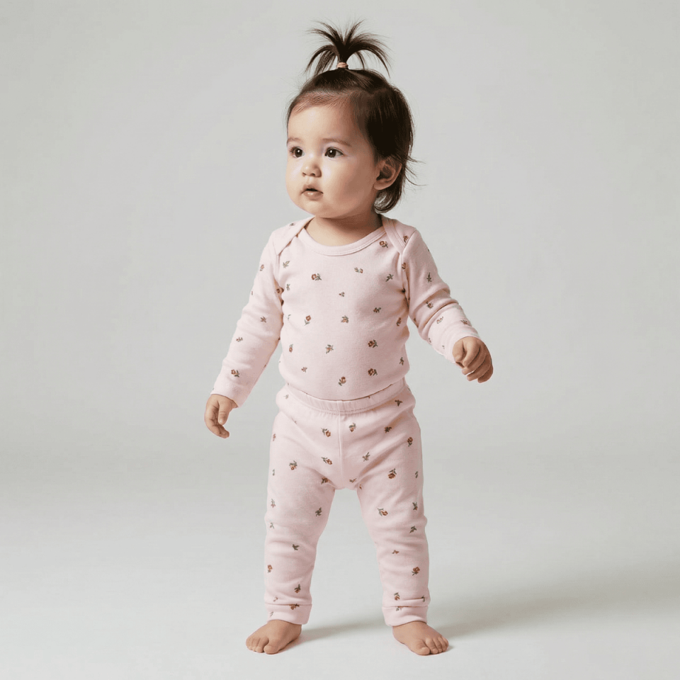 pembe çiçek desenli pamuklu bebek alt üst pijama takım