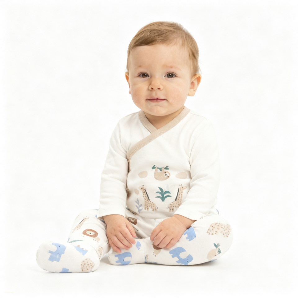 kruvaze çıtçıtlı pamuk yenidoğan bebek takımı patikli alt