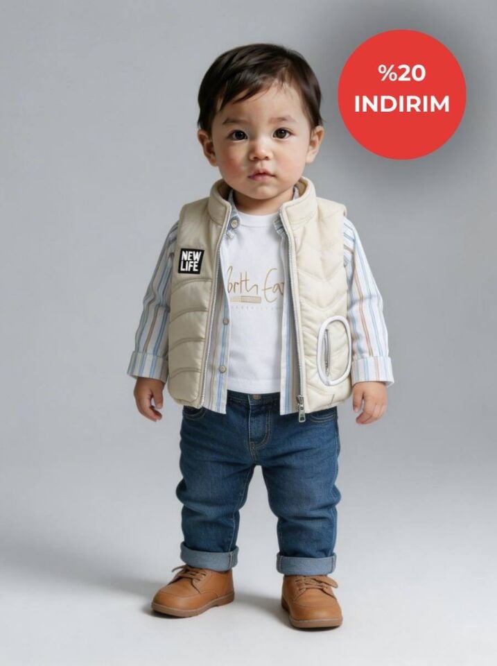 6-24 Ay Erkek Bebek 4’lü Takım Uzun Kollu %100 Pamuk T-Shirt Gömlek Yelek ve Kot  Pantolon