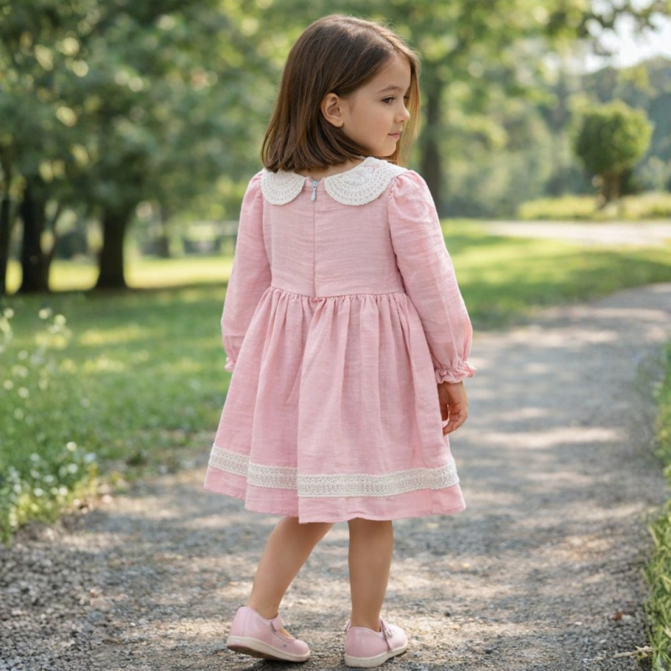 Dantel Yakalı Pudra Kız Çocuk Elbise