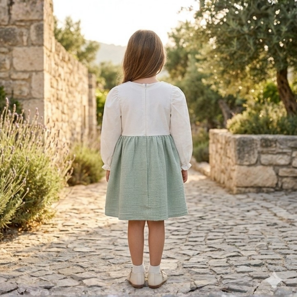 Kız Çocuk  Ekose Elbise – Fisto Yaka Uzun Kollu Pamuklu Elbise