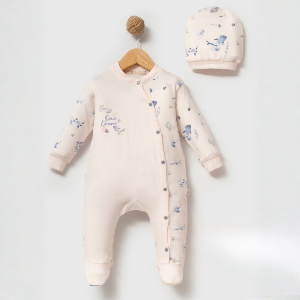 Erkek Bebek Patikli Tulum Şapkalı Pamuklu Önden Çıtçıtlı 0-9 Ay