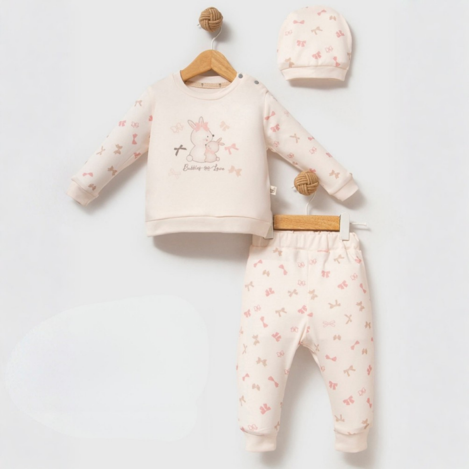 Kız Bebek Pijama Takımı 3-18 Ay Pamuklu Tavşan Baskılı  Alt Üst Set