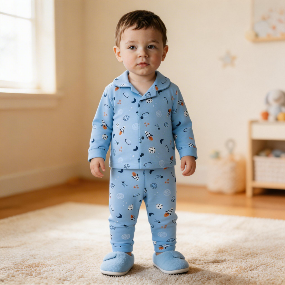 Erkek Bebek Gezegen Desenli Pamuklu Pijama Takımı – Önden Düğmeli 3-12 Ay