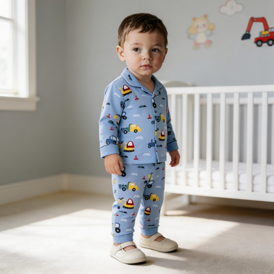Erkek Bebek Gezegen Desenli Pamuklu Pijama Takımı – Önden Düğmeli 3-12 Ay Mavi - 9-12 Ay