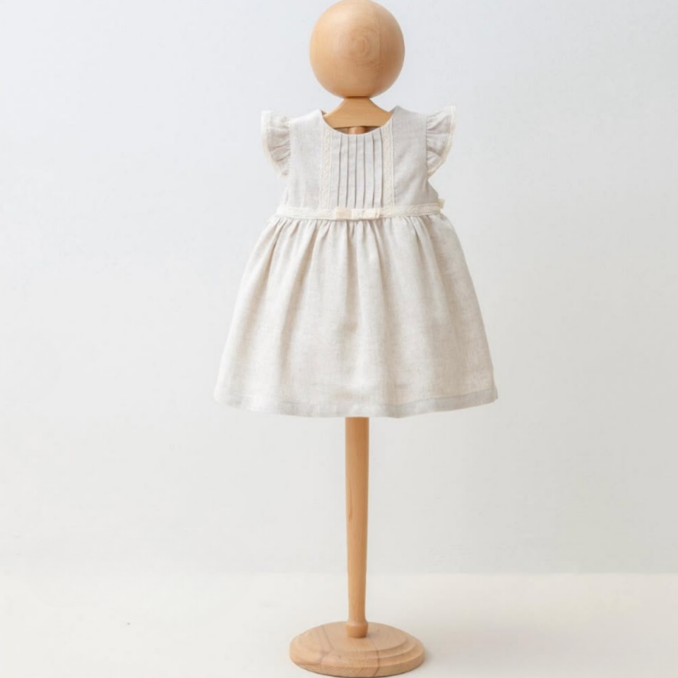 kız çocuk keten elbise bej fırfır kollu yazlık model