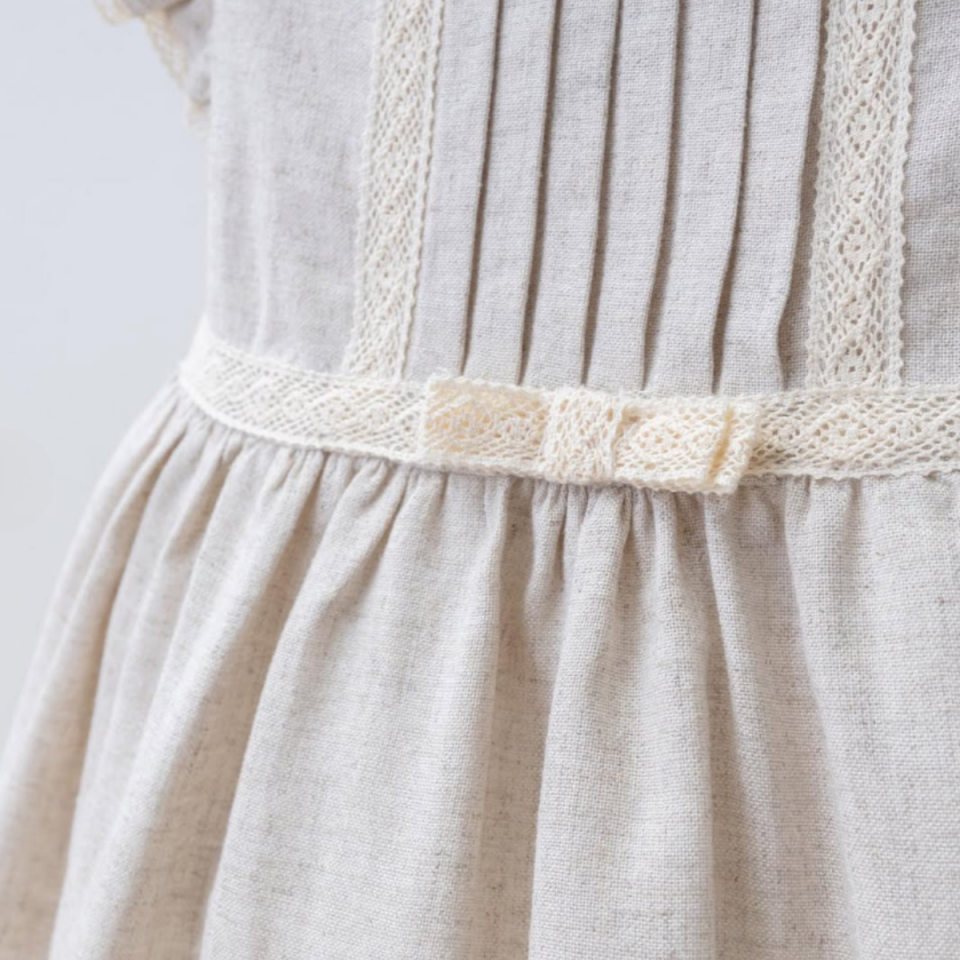kız çocuk keten elbise bej fırfır kollu yazlık model