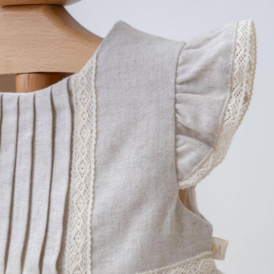 kız çocuk keten elbise bej fırfır kollu yazlık model