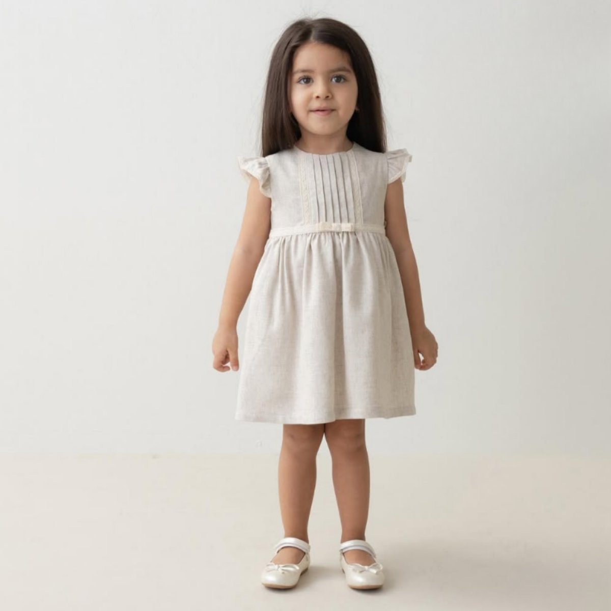 kız çocuk keten elbise bej fırfır kollu yazlık model