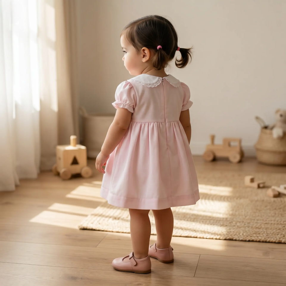 kız bebek elbise pembe nakışlı pamuklu şık model