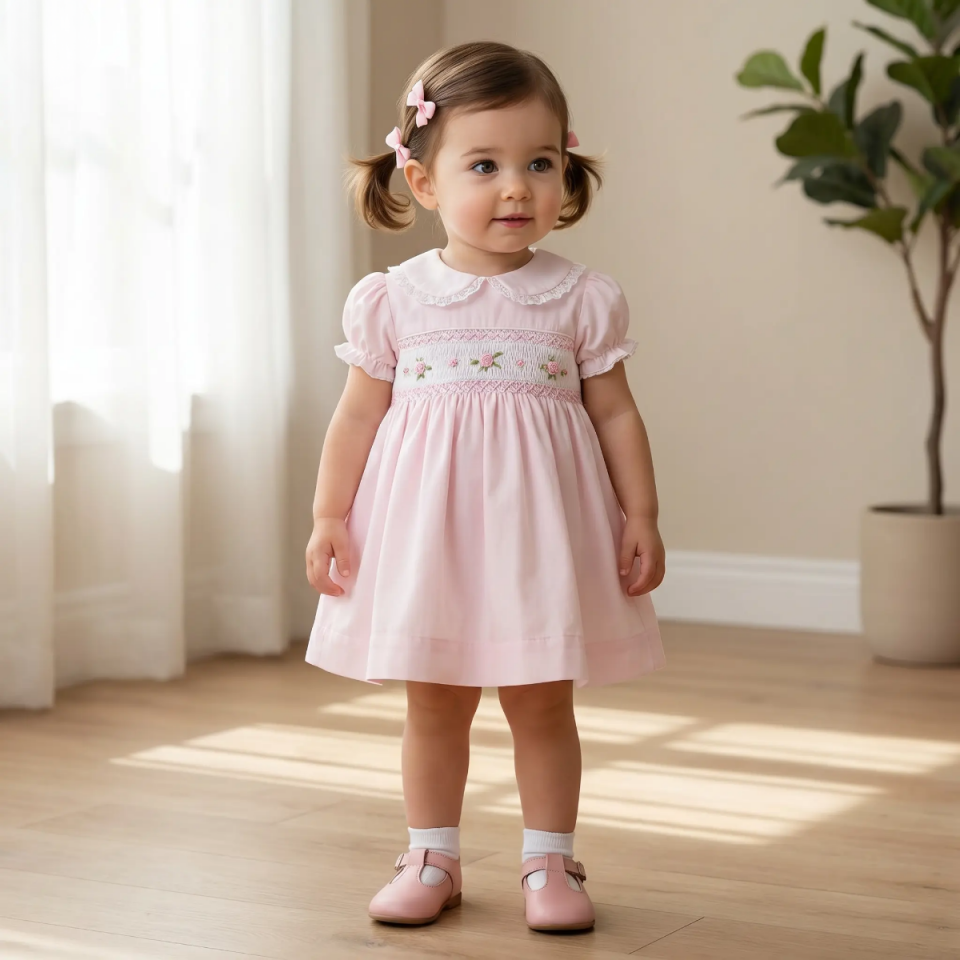 kız bebek elbise pembe nakışlı pamuklu şık model